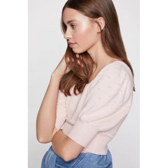 BCBGeneration Pink Short Puff Sleeve Cropped Sweater Scoop Neck Womens Medium M - Picture 2 of 6